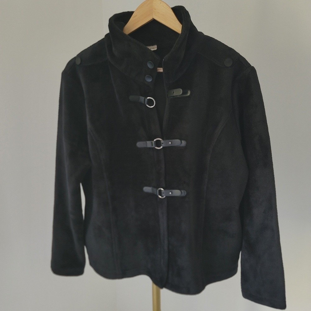 Venario Black Fleece Jacket Toggle Closure Funnel Neck Faux Leather Trim Large